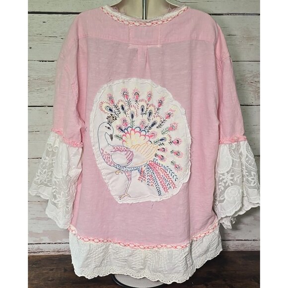 OOAK Magnolia Boho Tunic Upcycle Shacket Cover Up Cotton Linen Blend Pink Sz XL - Picture 1 of 16